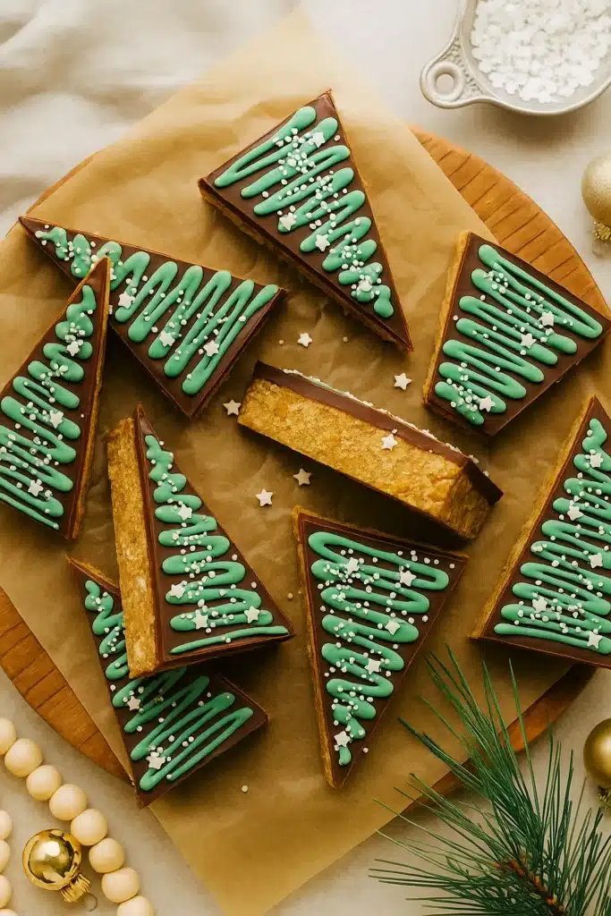 Finished no bake peanut butter Christmas trees with green icing and sprinkles