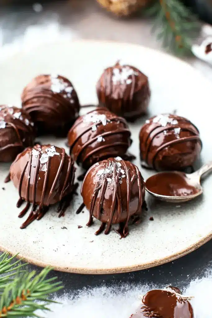 Peppermint Truffles – Easy, Delicious, and Festive Treats 24 Finished chocolate peppermint truffles with sea salt and chocolate drizzle