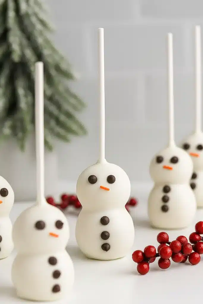 Snowman cake pops decorated with chocolate chips and orange candy noses