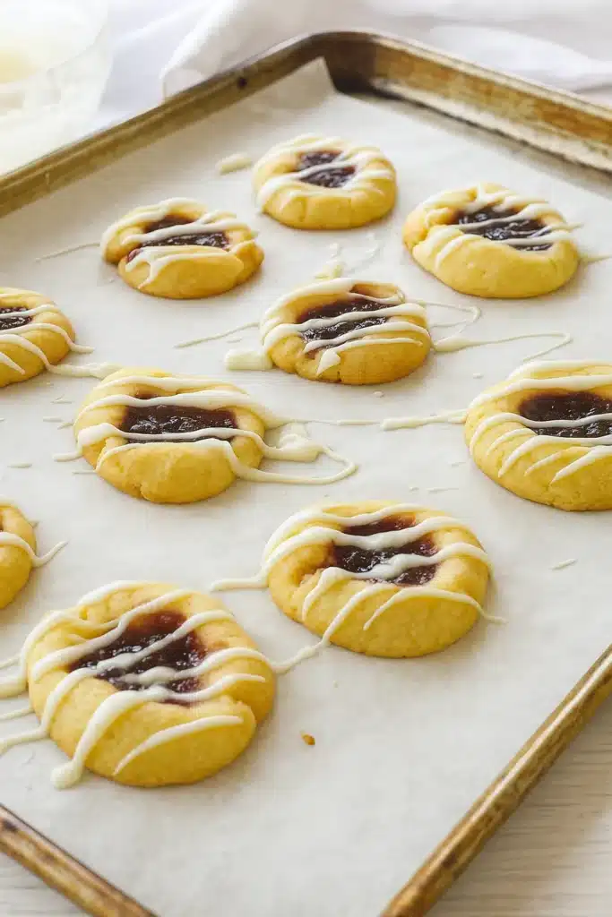 Raspberry Swirl Shortbread Cookies | Sweet Holiday Treat 9 Freshly baked raspberry swirl shortbread cookies on parchment