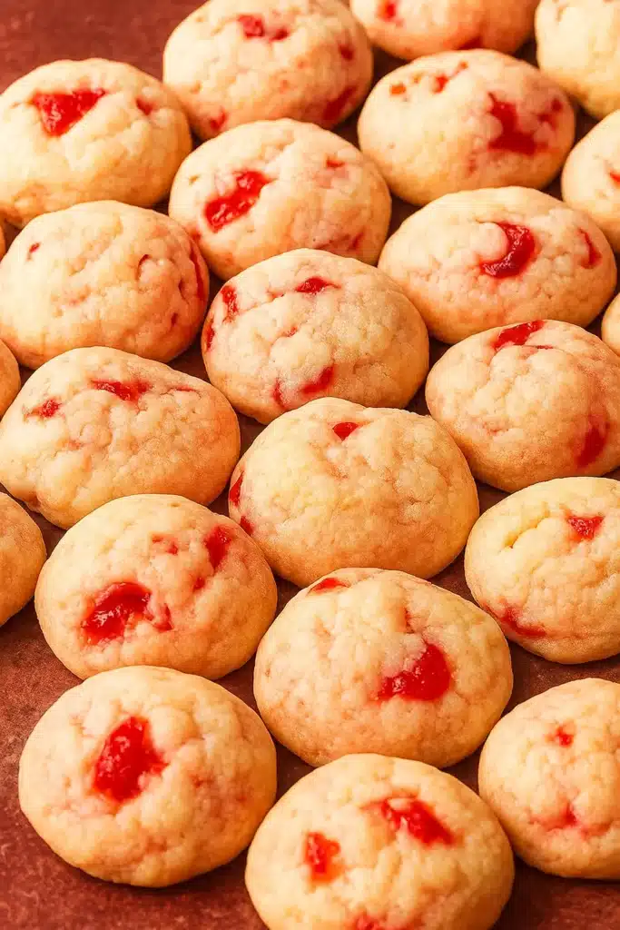 Cherry Cookies – Soft, Buttery & Delicious Holiday Treat 11 Soft baked cherry cookies with red cherries on a baking sheet
