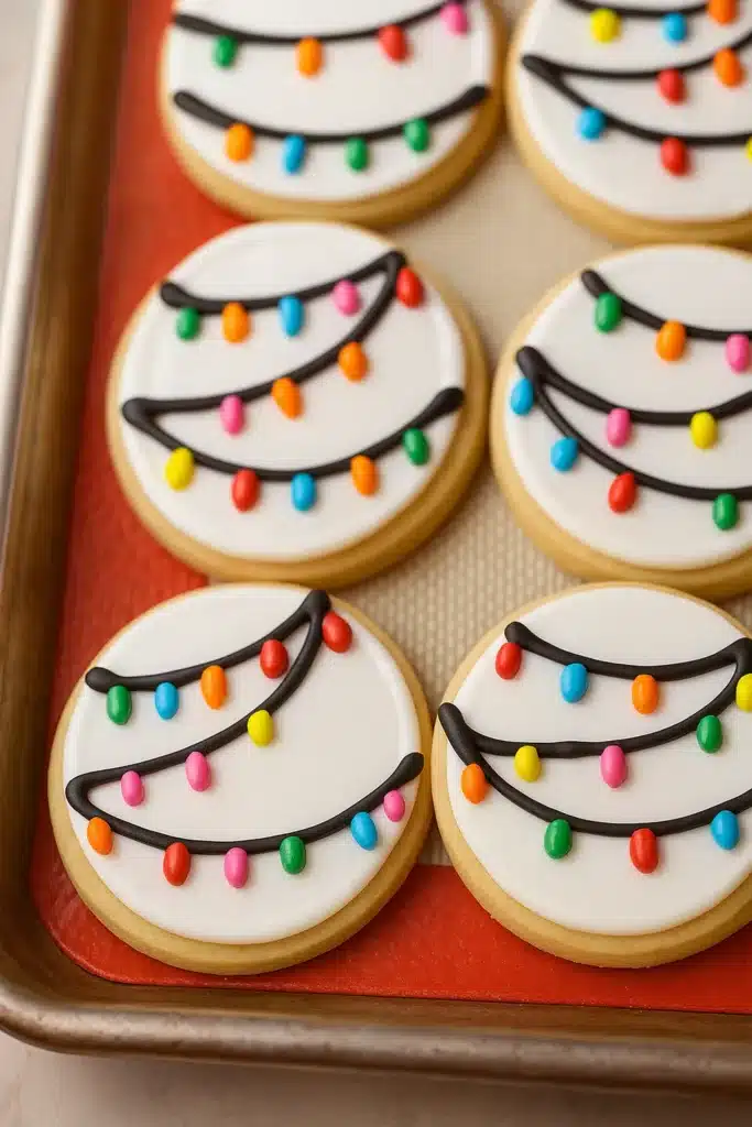 Icing Sugar Cookies on baking tray decorated with colorful holiday lights .