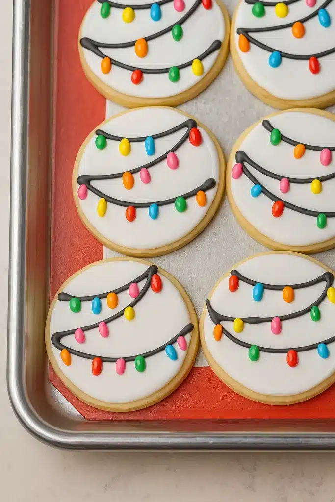 Icing Sugar Cookies on baking tray decorated with colorful holiday lights