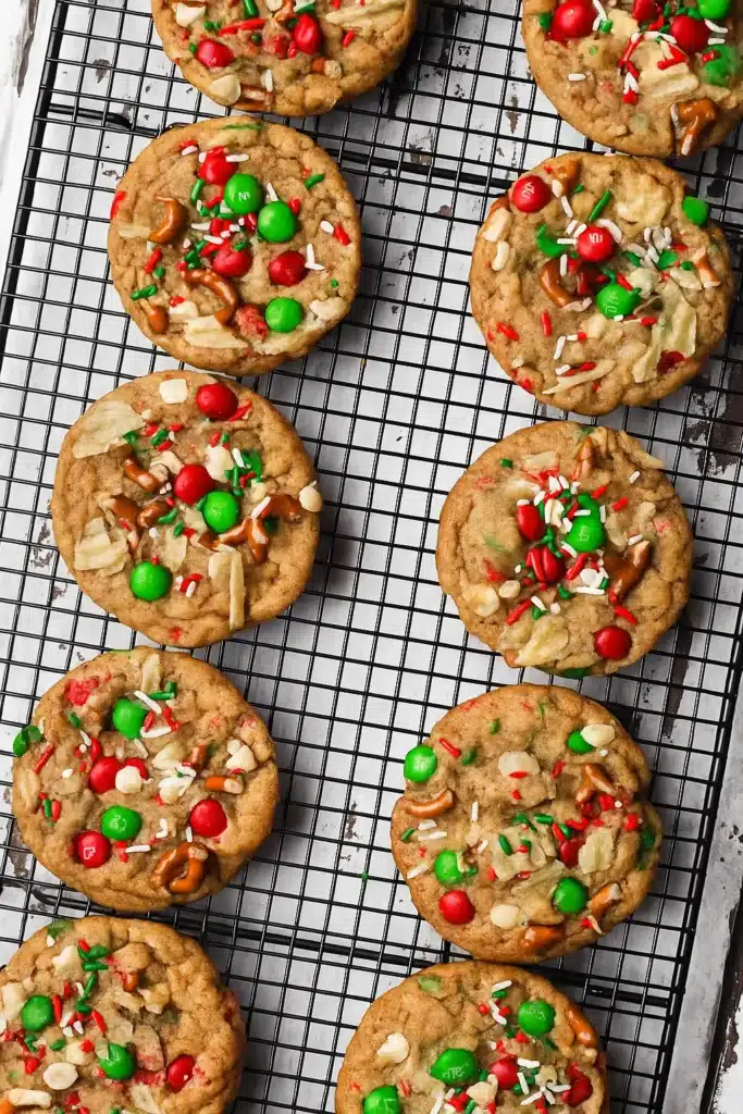 Kitchen Sink Christmas Cookies | Sweet & Chewy Favorite 14 Kitchen Sink Christmas Cookies cooling on a wire rack with festive toppings