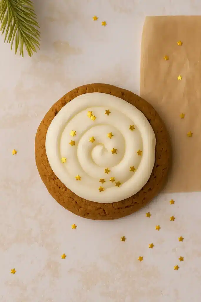 Amazing Crumbl Gingerbread Cookies Copycat Recipe 18 Crumbl gingerbread cookie with white frosting and golden star sprinkles
