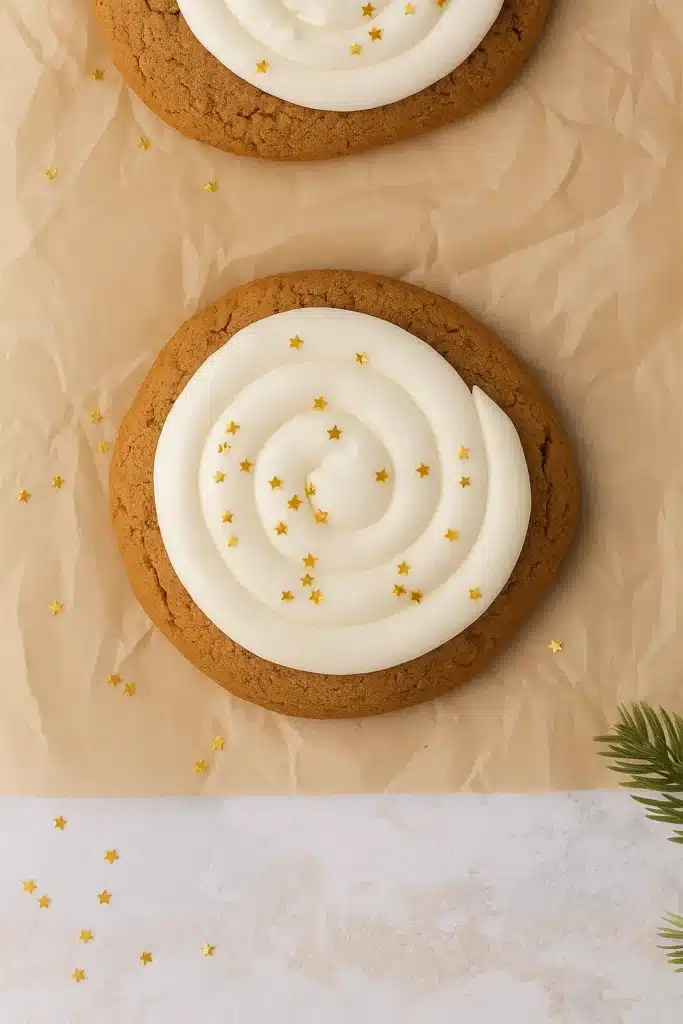 Amazing Crumbl Gingerbread Cookies Copycat Recipe 17 Crumbl gingerbread cookies with white frosting and golden star sprinkles