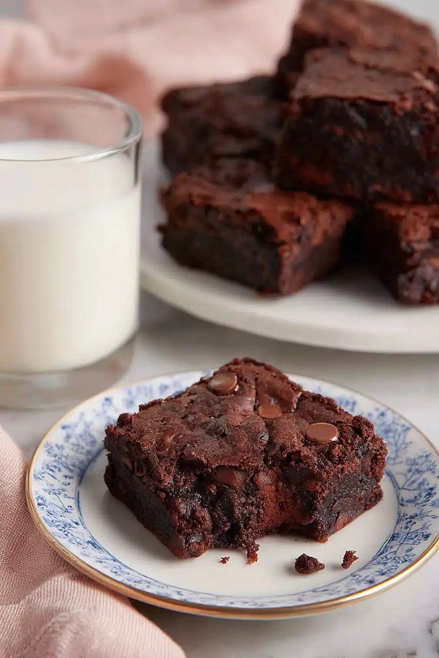 home 21 Brownie recipe featuring fudgy chocolate brownie on a plate with milk