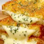 Golden garlic bread grilled cheese sandwich with melted cheese and herbs