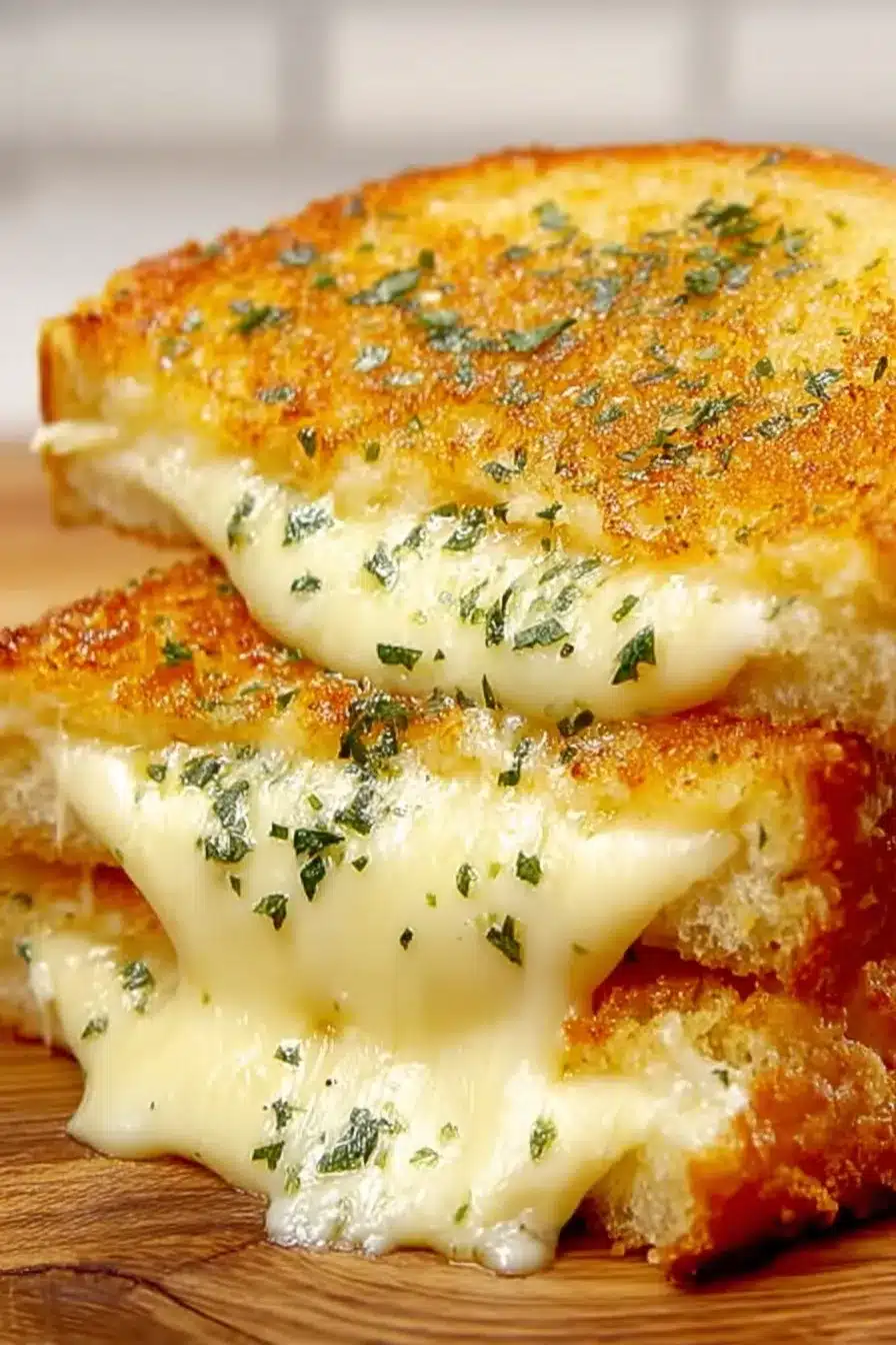 Golden garlic bread grilled cheese sandwich with melted cheese and herbs