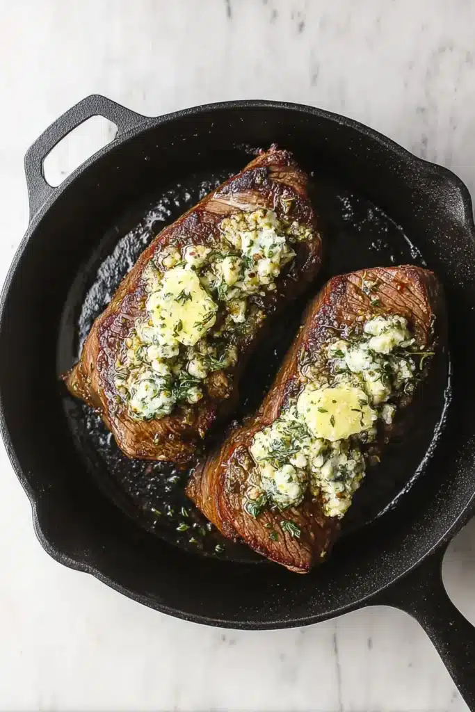 Beef Tenderloin Roast | Simple & Delicious Holiday Feast 14 Seared beef tenderloin in cast iron skillet with melting garlic herb butter