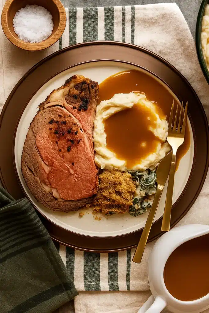 Garlic herb prime rib dinner with mashed potatoes and gravy
