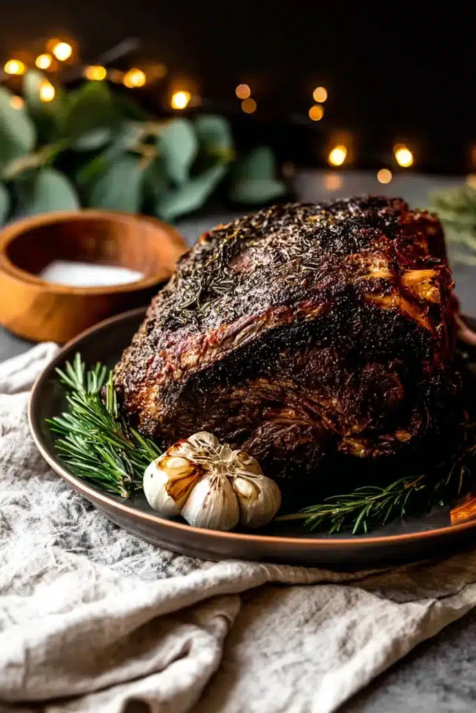 Golden roasted garlic herb prime rib with rosemary on bronze plate