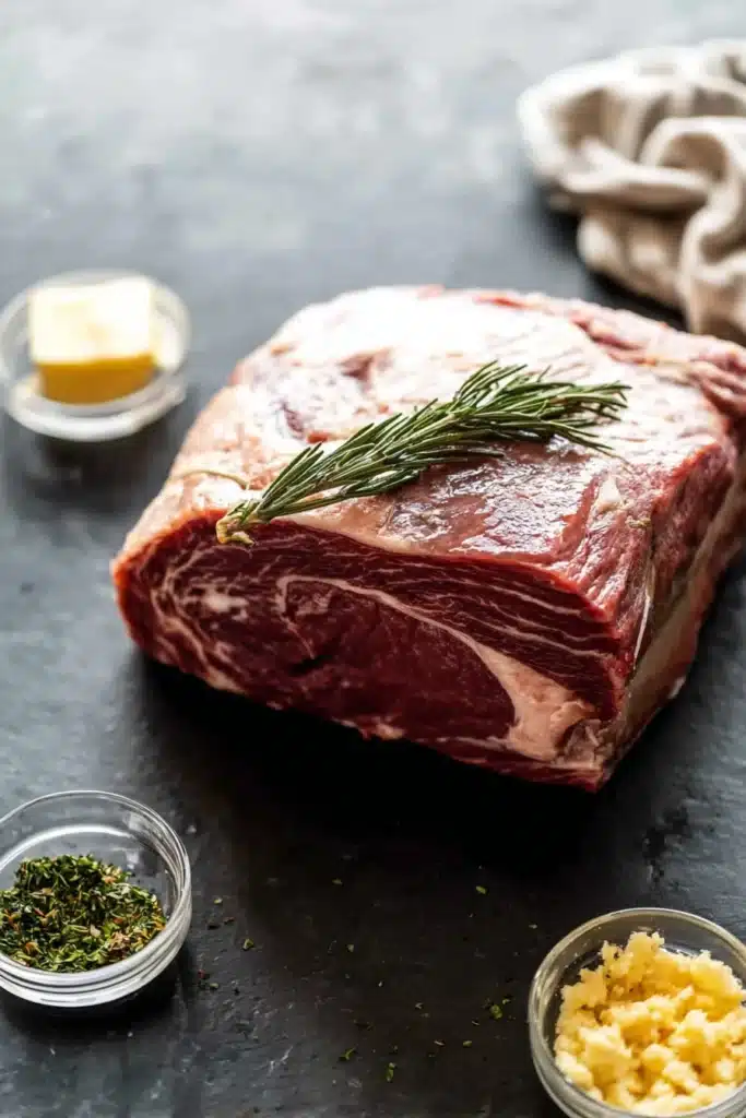 Raw garlic herb prime rib roast with rosemary and butter on dark surface