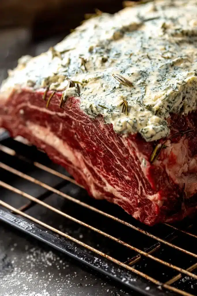 Side view of garlic herb prime rib coated with butter on roasting rack