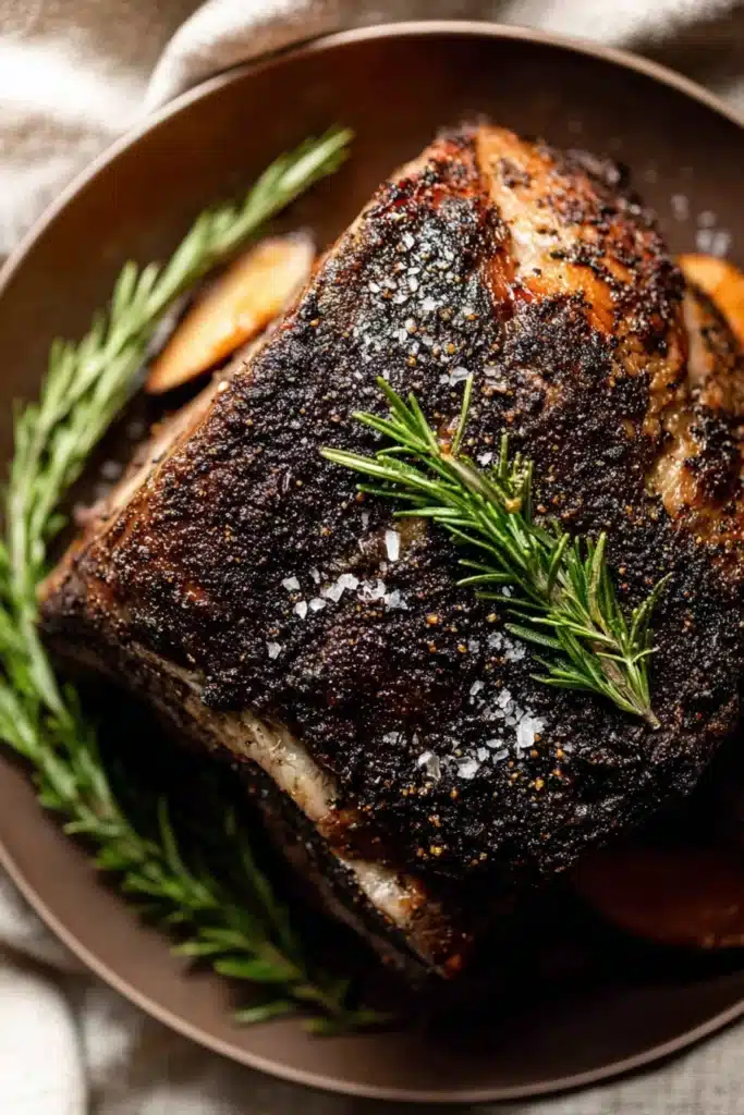 Crispy garlic herb prime rib topped with rosemary and sea salt