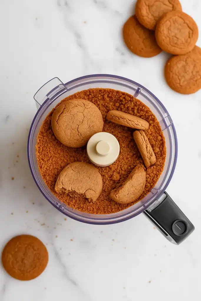 Gingerbread cookies in a food processor, ready to be crushed for truffle dough.