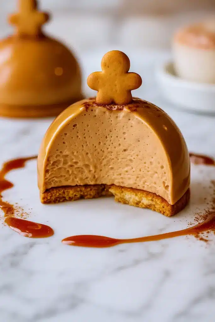 Cut-open gingerbread latte mousse dome showing creamy interior with caramel glaze