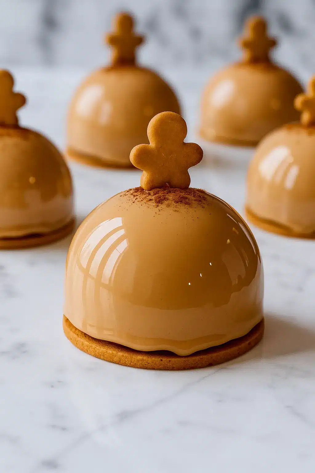 Glossy gingerbread latte mousse domes on cookie bases topped with mini gingerbread cookies
