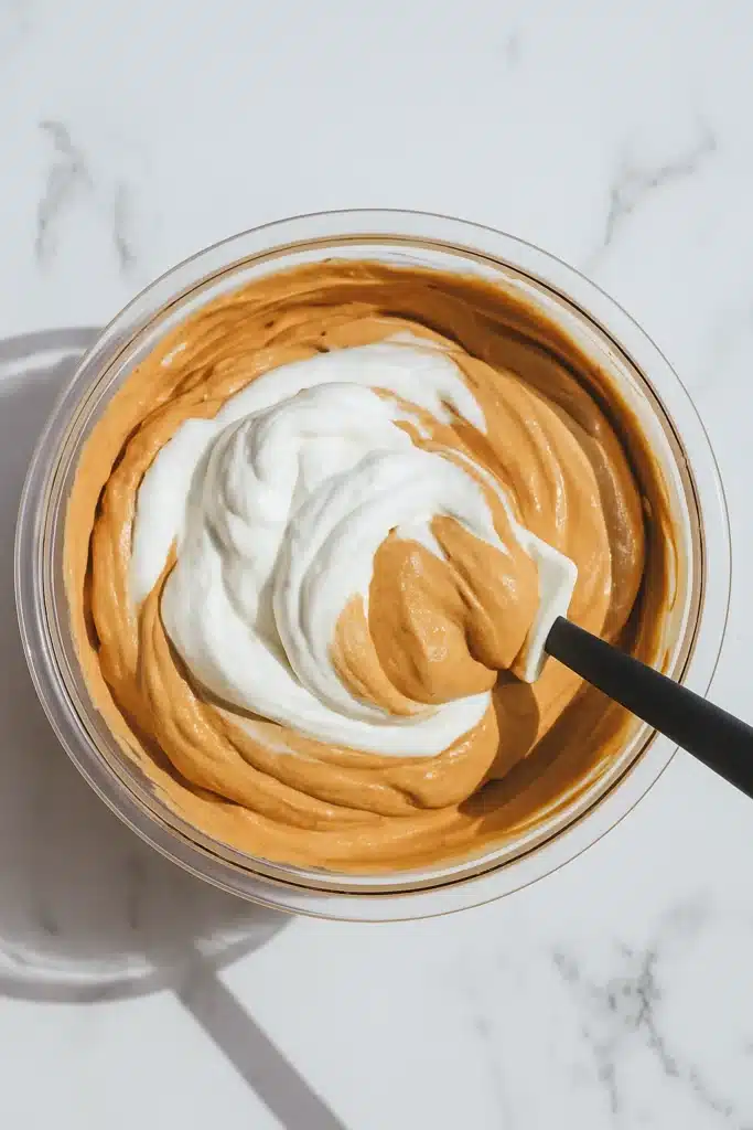 Gingerbread latte mousse mixture with whipped cream being folded in.