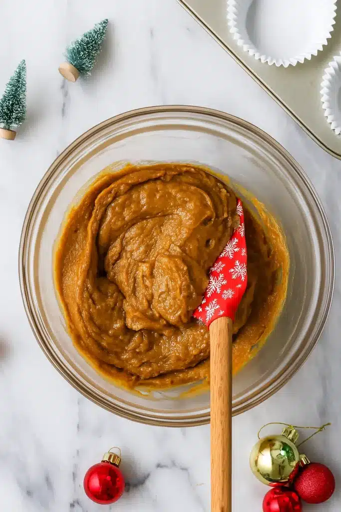 Mixing gingerbread muffin batter in a glass bowl with red spatula