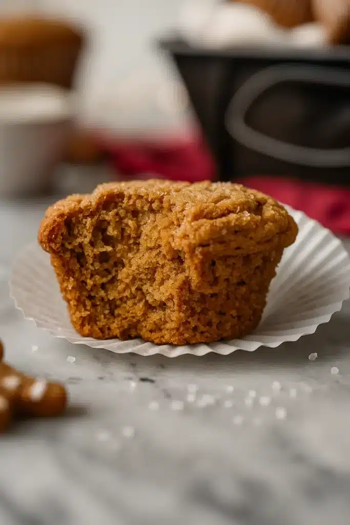 Close-up of a bitten gingerbread muffin showing soft crumb texture
