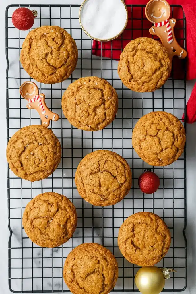 Freshly baked gingerbread muffins cooling on wire rack with holiday decor