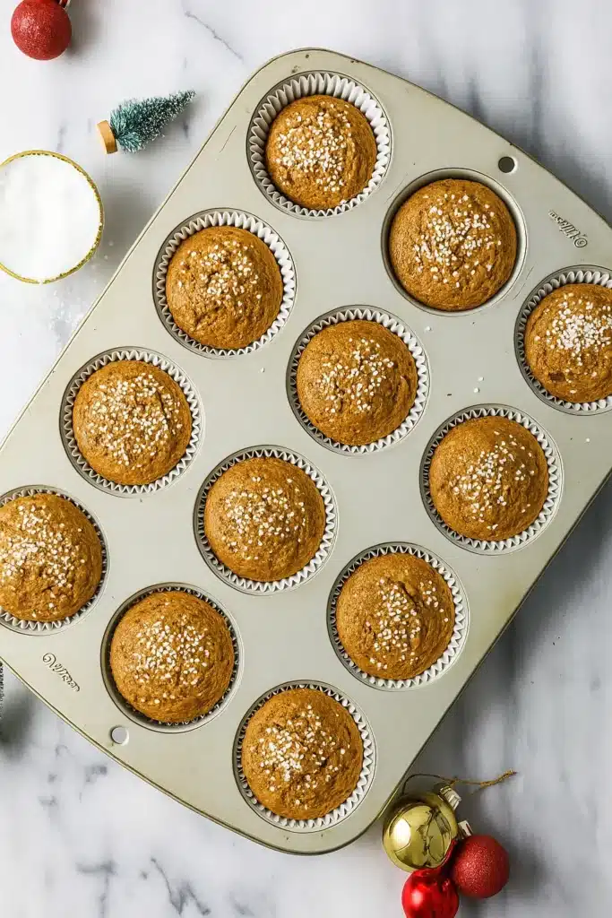 Unbaked gingerbread muffin batter in pan with coarse sugar topping