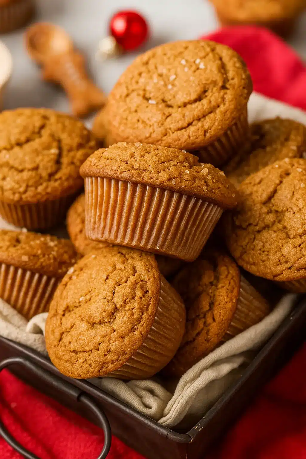 Freshly baked gingerbread muffins in a tray with coarse sugar topping