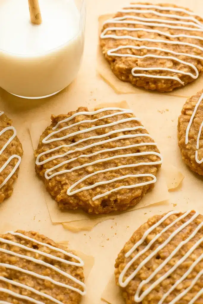 Gingerbread Oatmeal Cookies: Amazing Soft Holiday Treats 14 Gingerbread oatmeal cookies with white icing drizzles served with a glass of milk