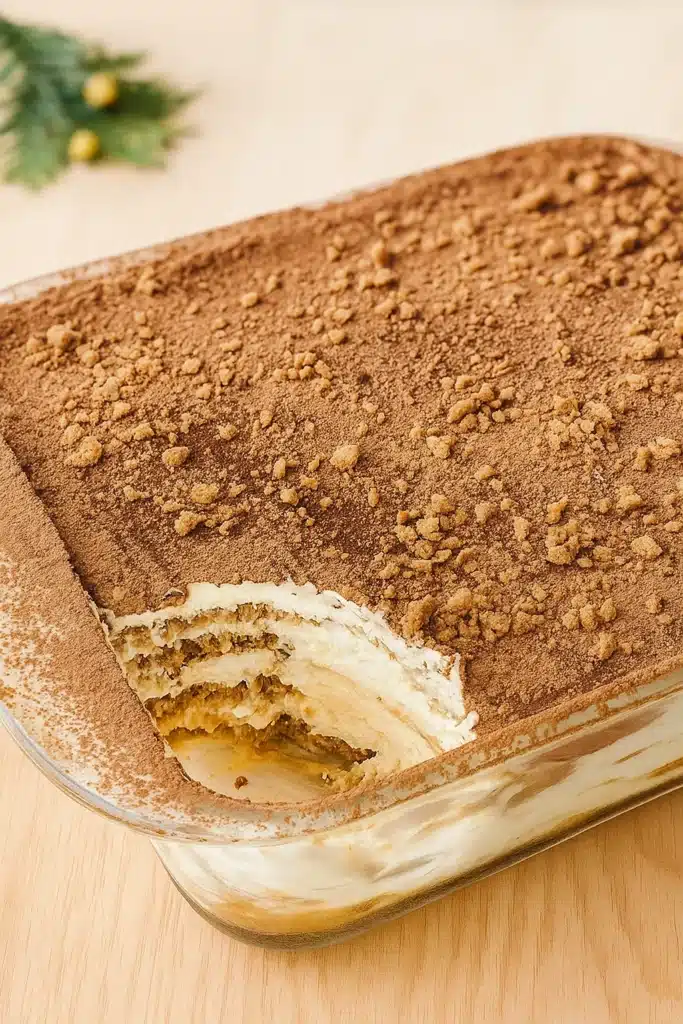 Pan of gingerbread tiramisu with cocoa topping and creamy layers in a glass dish