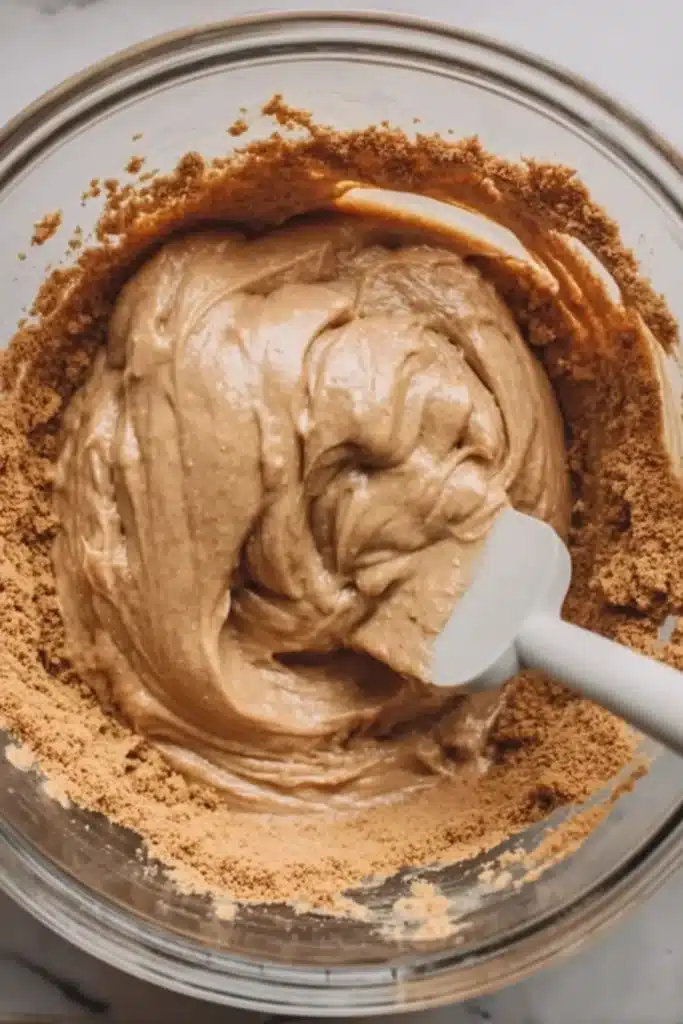 Gingerbread truffle dough in a glass bowl with cookie crumbs and a spatula.