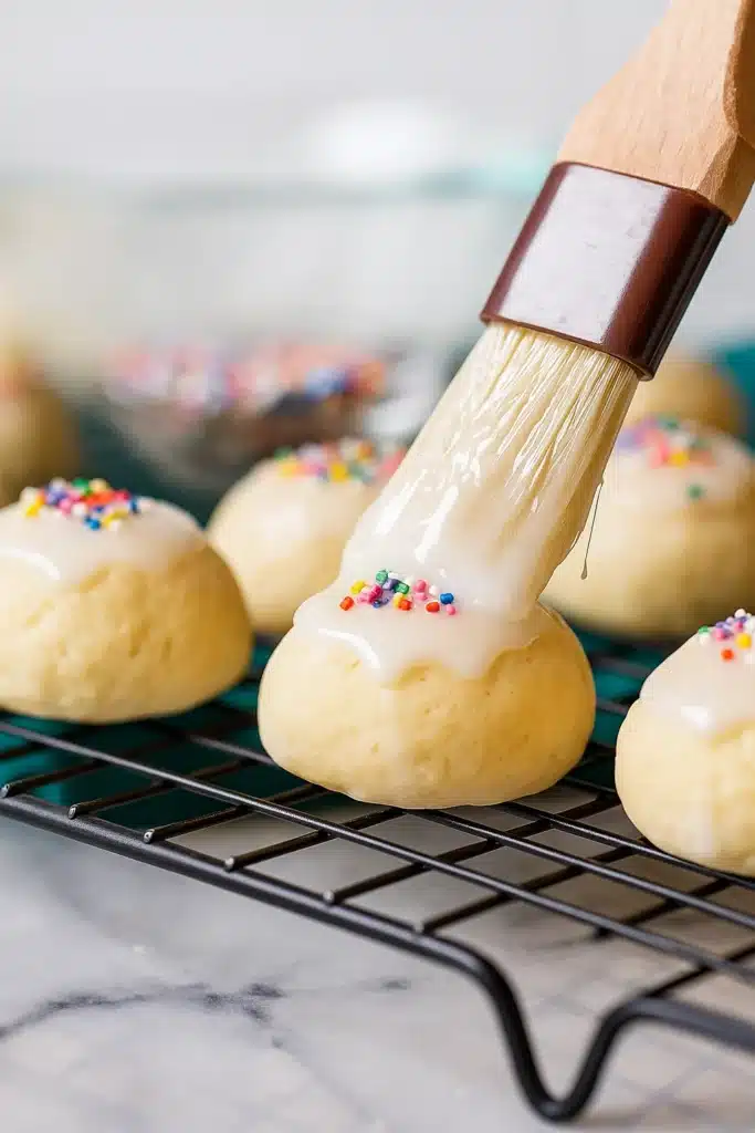Brushing vanilla glaze on Italian cookies with sprinkles