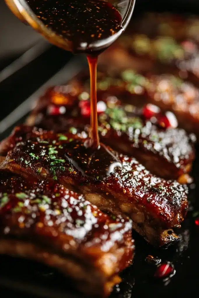 Pomegranate Glazed Pork Ribs – Amazing Holiday Feast 17 Pouring pomegranate glaze over caramelized pork ribs