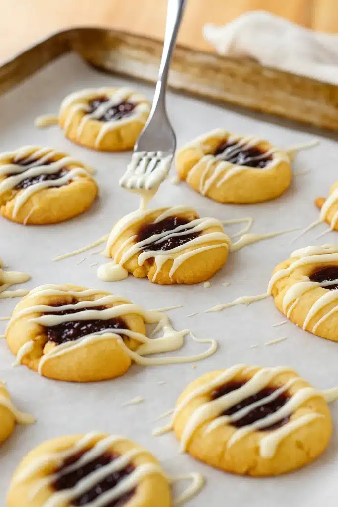 Raspberry Swirl Shortbread Cookies | Sweet Holiday Treat 10 Raspberry swirl shortbread cookies being glazed on baking sheet