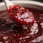 Slow Cooker Christmas Jam Recipe in a white spoon, glossy red cranberry-strawberry jam close-up