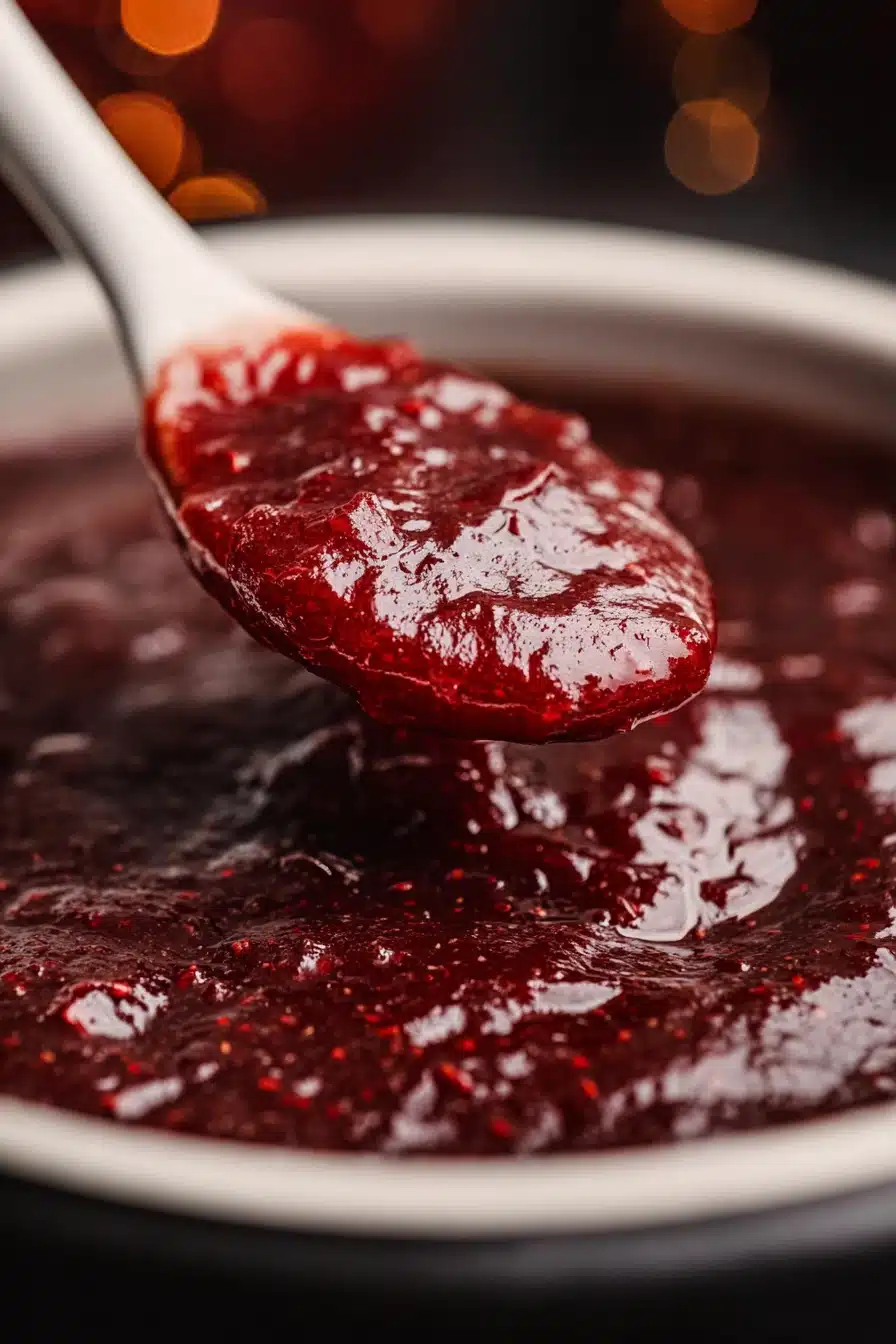 Slow Cooker Christmas Jam Recipe in a white spoon, glossy red cranberry-strawberry jam close-up