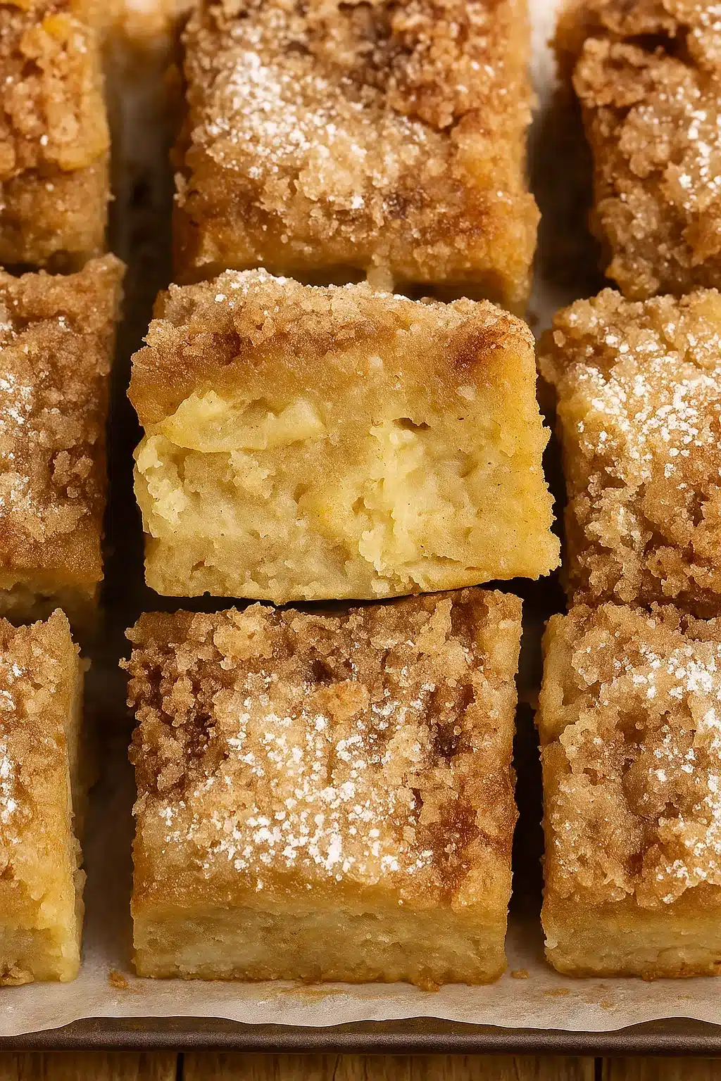 Close-up of gluten-free cinnamon sugar apple cake with crumb topping