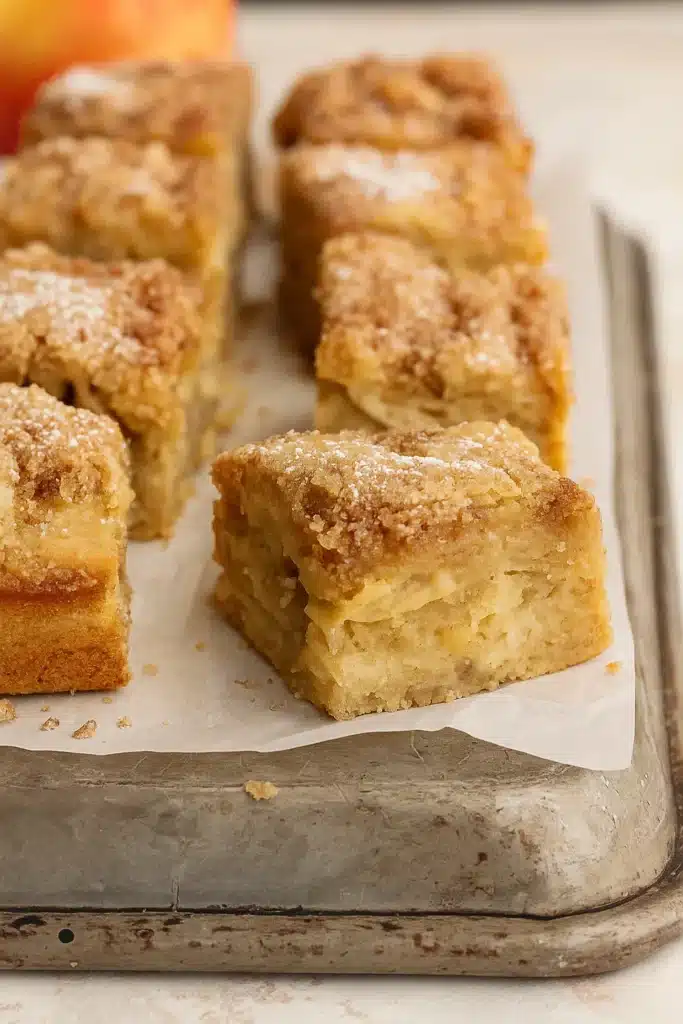 Gluten-free cinnamon sugar apple cake squares on parchment paper