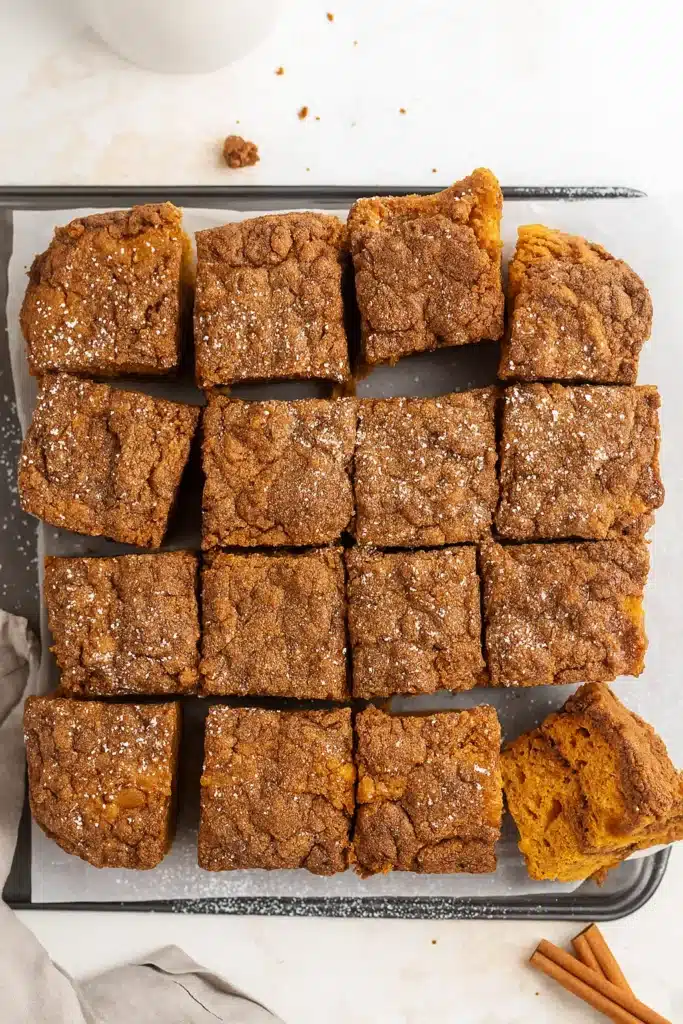 Overhead view of gluten-free pumpkin coffee cake with cinnamon streusel