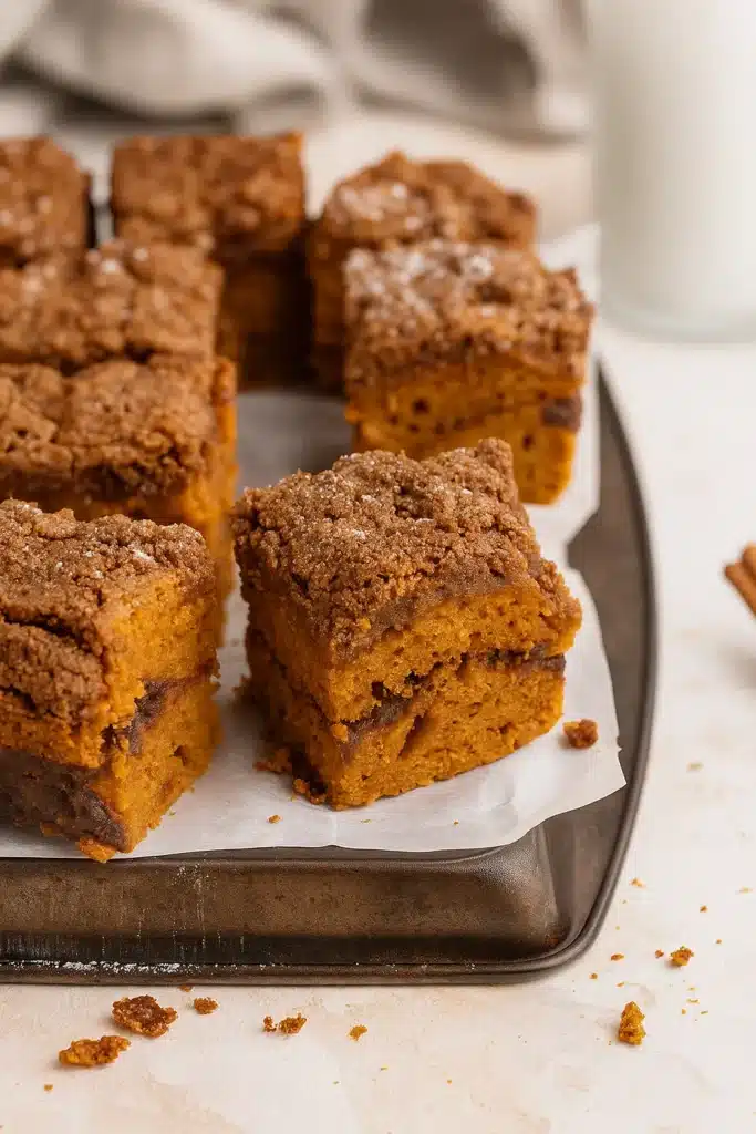 Gluten-free pumpkin coffee cake slices with cinnamon streusel topping