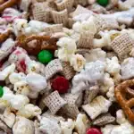 Gluten-free Reindeer Chow snack mix with white chocolate, pretzels, and candies