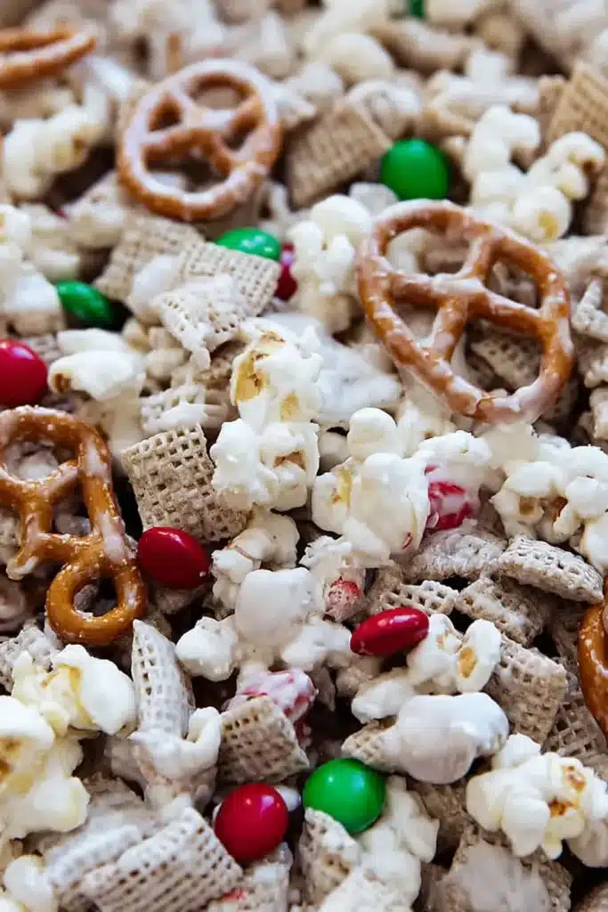 Gluten-free Reindeer Chow snack mix with white chocolate, pretzels, and candies