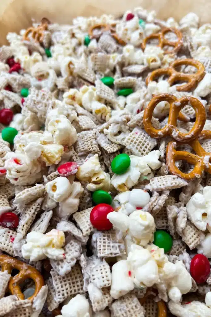 Gluten-free Reindeer Chow mix with Chex cereal, pretzels, and popcorn coated in white chocolate