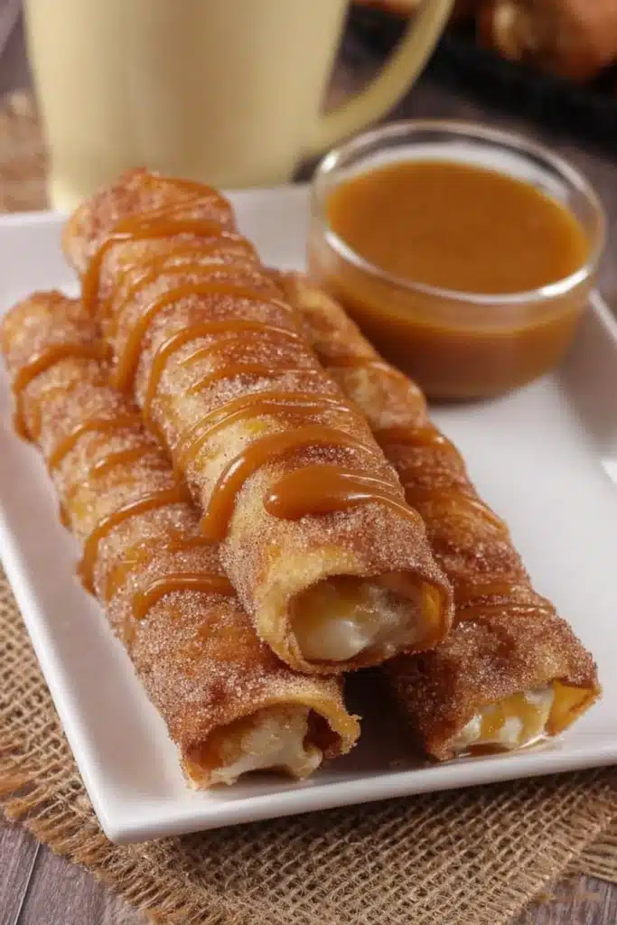 Golden apple pie taquitos drizzled with caramel sauce on white plate