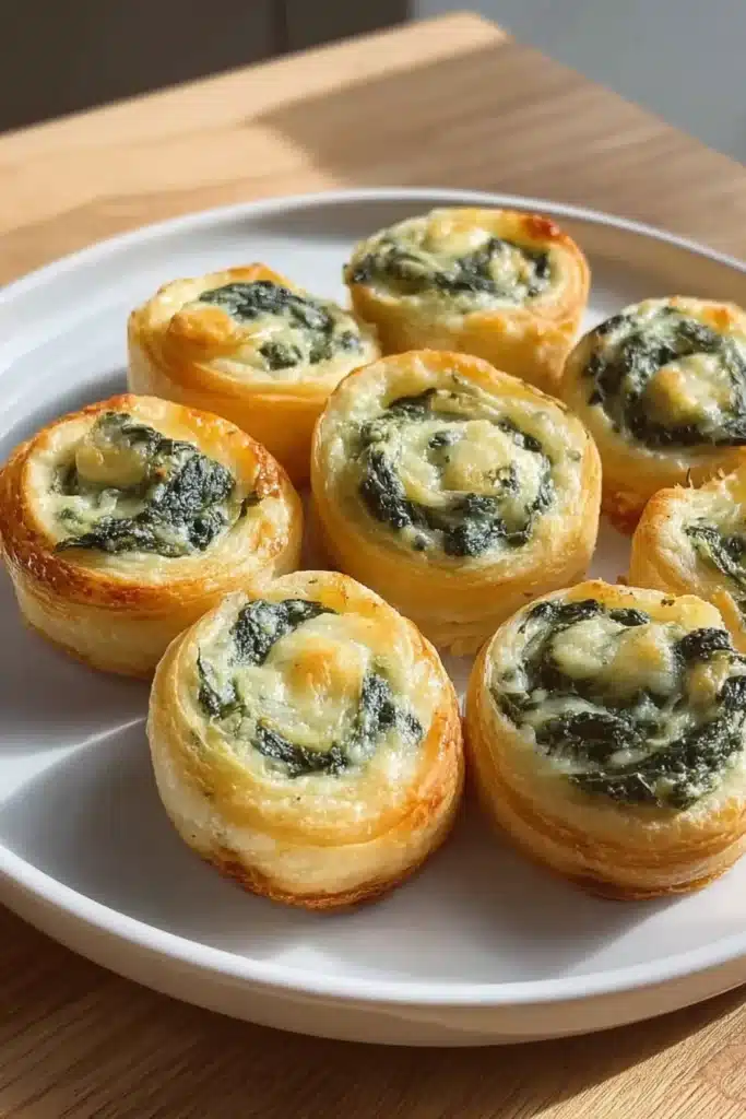 Spinach Dip Recipe | Easy & Delicious Holiday Favorite 6 Freshly baked spinach dip pinwheels on white plate in sunlight