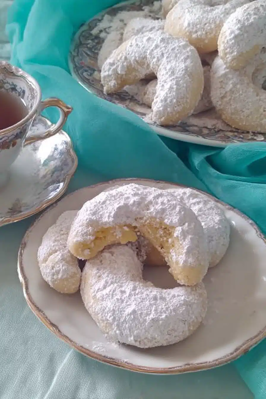 Crescent-shaped Greek cookies with powdered sugar on a plate