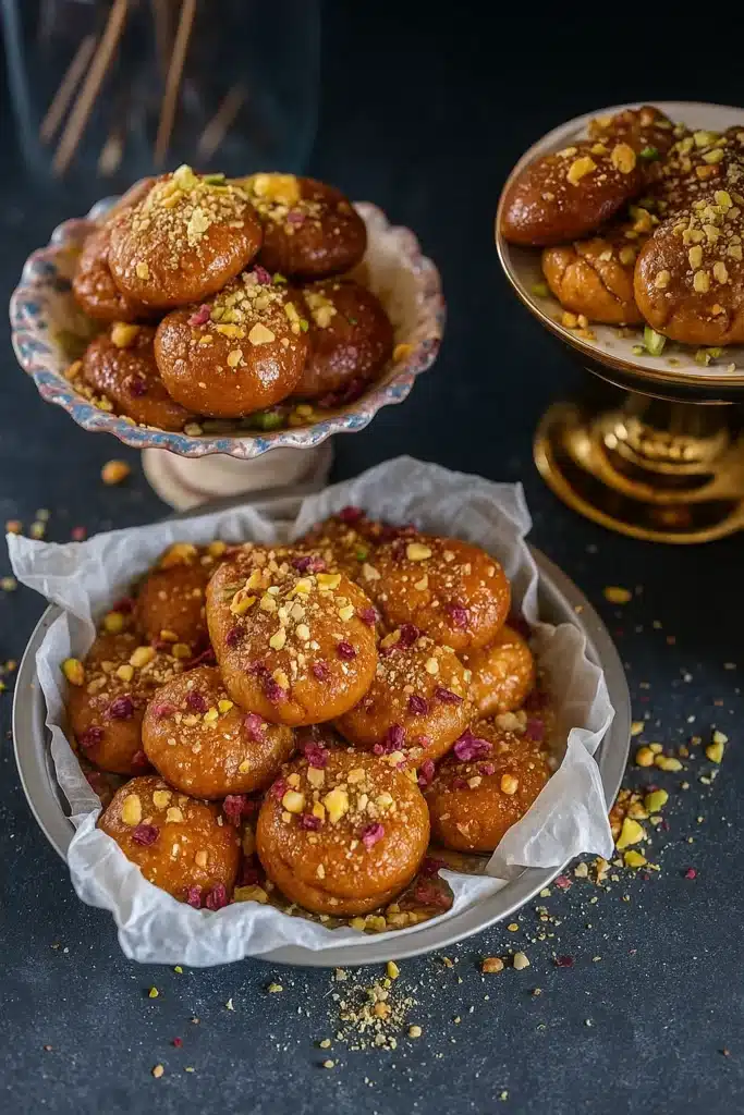 Greek Melomakarona cookies in bowls topped with nuts and honey syrup