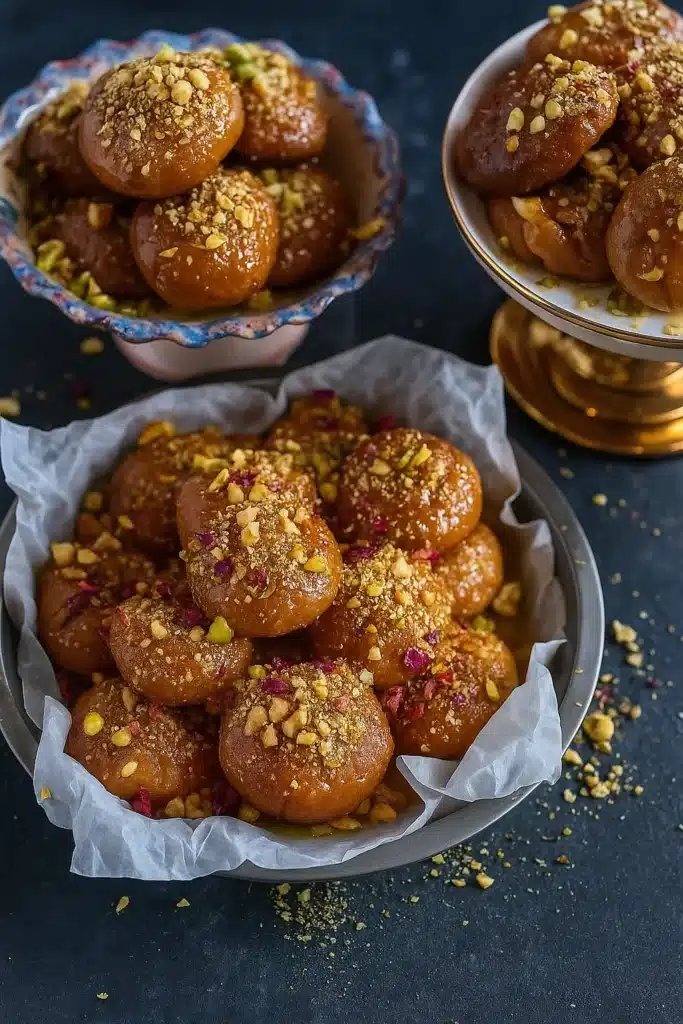 Greek Melomakarona cookies in bowls topped with honey syrup, nuts, and rose petals