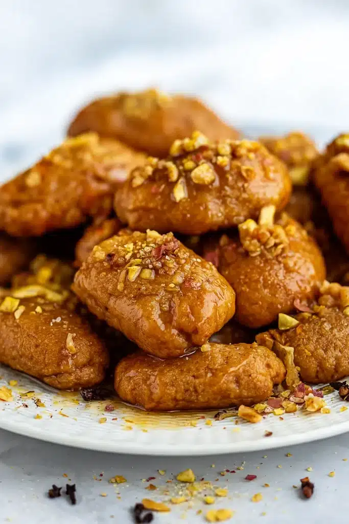Greek Melomakarona cookies stacked on a plate with honey syrup and nuts