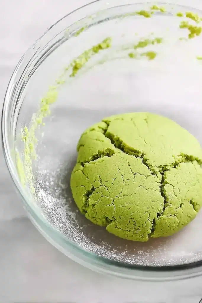 Bright green Grinch crinkle cookie dough in a glass mixing bowl